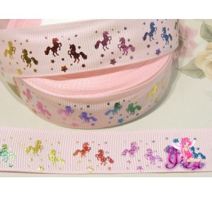 Репсовая лента с рисунком 25 мм, "Единороги" цв. розовый - 1м