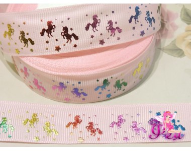 Репсовая лента с рисунком 25 мм, "Единороги" цв. розовый - 1м