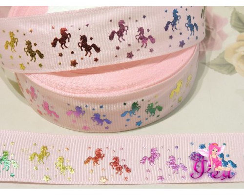 Репсовая лента с рисунком 25 мм, "Единороги" цв. розовый - 1м
