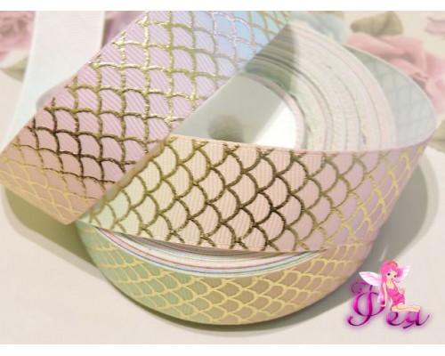 Репсовая лента с рисунком 25 мм, "Золотая чешуя" цв. микс  - 1м