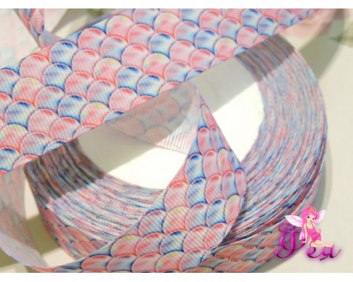 Репсовая лента с рисунком 25 мм, "Чешуя" цв. микс  в розовых тонах - 1м