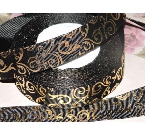 Репсовая лента с рисунком 25 мм, "Вензеля" , цв. черный - 1м