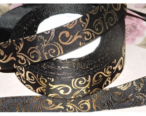 Репсовая лента с рисунком 25 мм, "Вензеля" , цв. черный - 1м