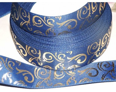 Репсовая лента с рисунком 25 мм, "Вензеля" , цв. темно-синий - 1м