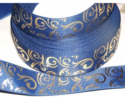 Репсовая лента с рисунком 25 мм, "Вензеля" , цв. темно-синий - 1м