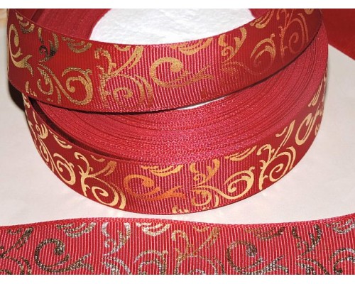 Репсовая лента с рисунком 25 мм, "Вензеля" , цв. бордовый - 1м