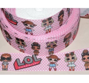 Репсовая лента с рисунком 25 мм, "ЛОЛ" , цв. розовый в горошек - 1м