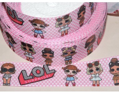 Репсовая лента с рисунком 25 мм, "ЛОЛ" , цв. розовый в горошек - 1м