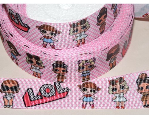 Репсовая лента с рисунком 25 мм, "ЛОЛ" , цв. розовый в горошек - 1м