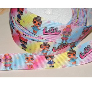 Репсовая лента с рисунком 25мм "ЛОЛ" цв. радуга - 1м