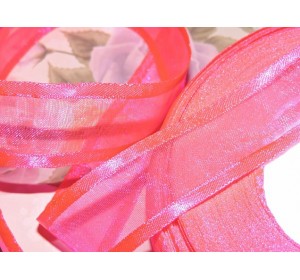 Органза с атласом 25мм, цвет неоново-розовый   - 1м