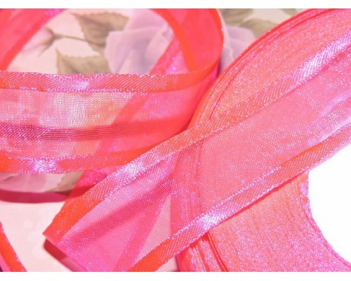 Органза с атласом 25мм, цвет неоново-розовый   - 1м