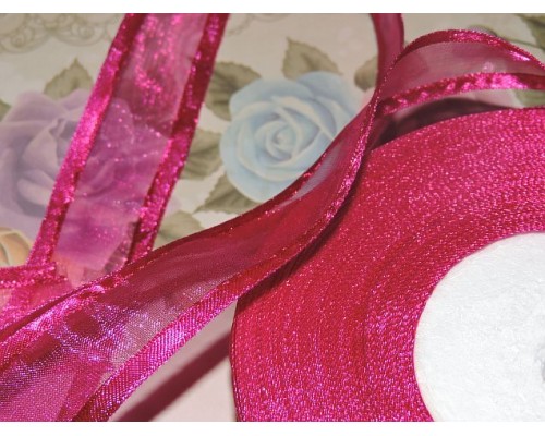 Органза с атласом 25мм, цвет фуксия - 1м