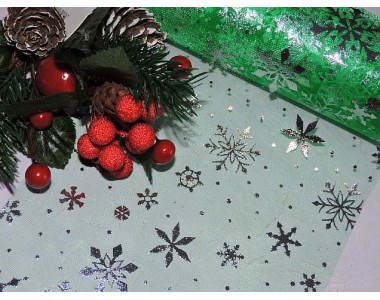 Фатин "Снежинки" 15 см, цв. зеленый/серебро - 1м.