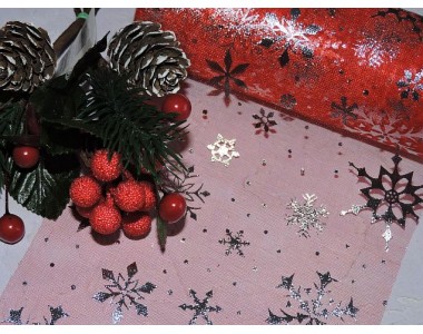 Фатин "Снежинки" 15 см, цв. красный/серебро - 1м.