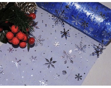 Фатин "Снежинки" 15 см, цв. синий/серебро - 1м.
