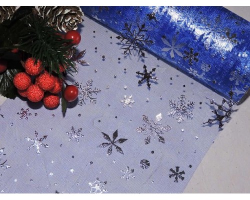 Фатин "Снежинки" 15 см, цв. синий/серебро - 1м.