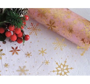 Фатин "Снежинки" 15 см, цв. розовый/золото - 1м.