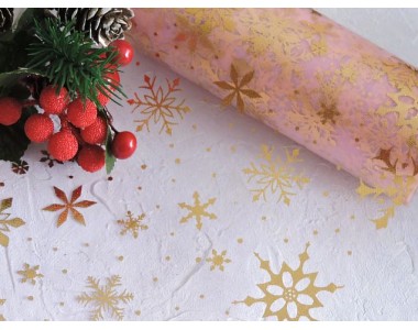 Фатин "Снежинки" 15 см, цв. розовый/золото - 1м.