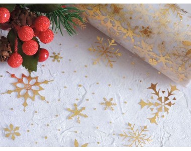 Фатин "Снежинки" 15 см, цв. белый/золото - 1м.