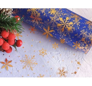 Фатин "Снежинки" 15 см, цв. синий/золото - 1м.