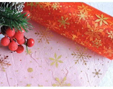 Фатин "Снежинки" 15 см, цв. красный/золото - 1м.