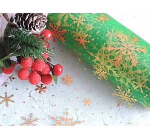 Фатин "Снежинки" 15 см, цв. зеленый/золото - 1м.