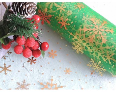 Фатин "Снежинки" 15 см, цв. зеленый/золото - 1м.