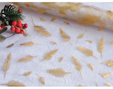 Органза 48*50см "Перья", цв. золотой/белый - 1 отрез.
