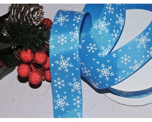 Лента репсовая 25 мм с рисунком "Снежинки", цв. бирюзовый - 1 м.