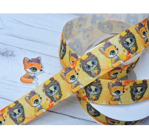 Лента репсовая 25 мм с рисунком "Лисичка и ежик" - 1м.