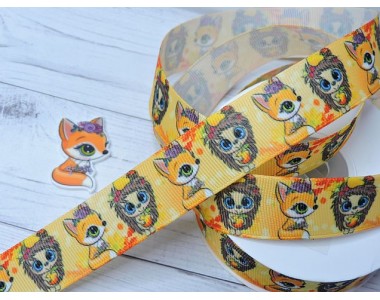 Лента репсовая 25 мм с рисунком "Лисичка и ежик" - 1м.