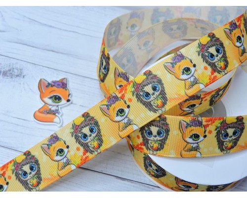 Лента репсовая 25 мм с рисунком "Лисичка и ежик" - 1м.