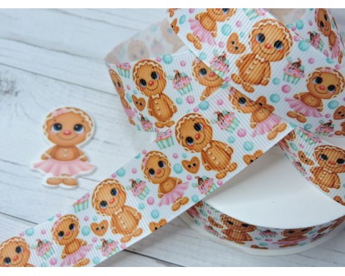 Лента репсовая 25 мм с рисунком "Пряник" - 1м.