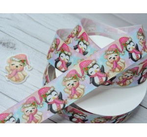 Лента репсовая 25 мм с рисунком "Пингвинчик и мишка" - 1 м.