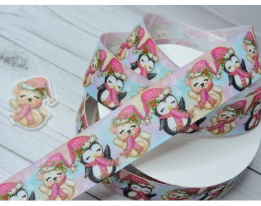 Лента репсовая 25 мм с рисунком "Пингвинчик и мишка" - 1 м.