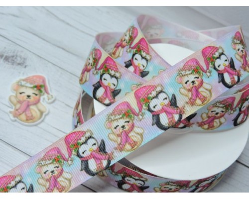 Лента репсовая 25 мм с рисунком "Пингвинчик и мишка" - 1 м.