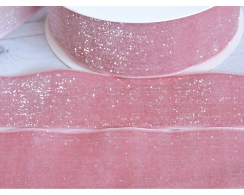 Лента бархатная с люрексом 38 мм, цв. нежно-розовый- 1 м.