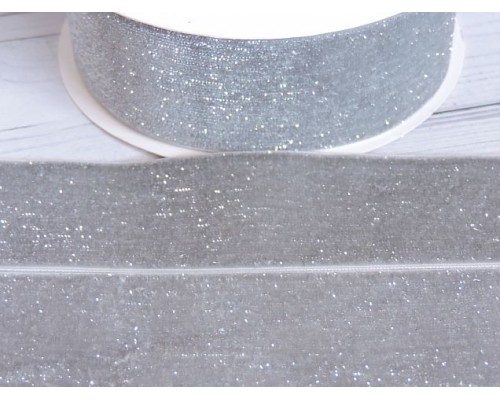 Лента бархатная с люрексом 38 мм, цв. серый - 1 м.
