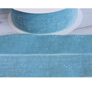 Лента бархатная с люрексом 38 мм, цв. голубой - 1 м.