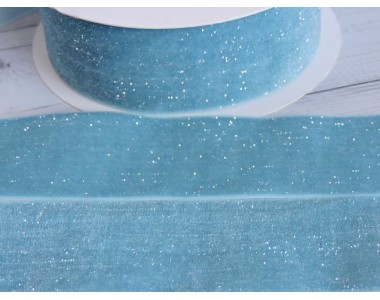 Лента бархатная с люрексом 38 мм, цв. голубой - 1 м.