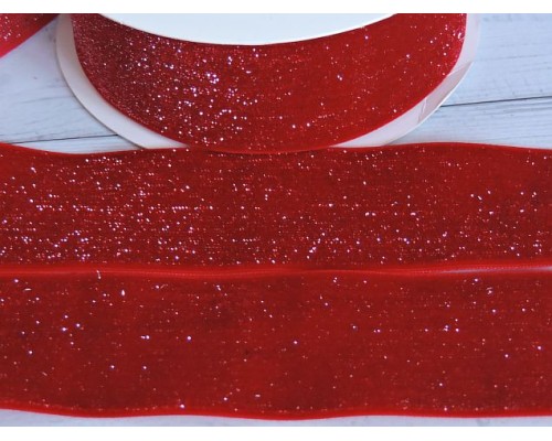 Лента бархатная с люрексом 38 мм, цв. красный - 1 м.