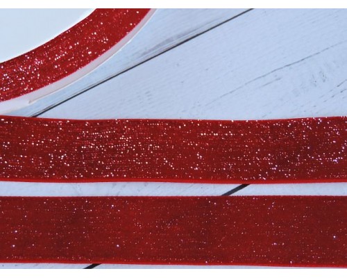 Лента бархатная с люрексом 25 мм, цв. красный - 1 м.