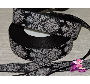 Лента репсовая 25 мм с рисунком "Дамаск" цв. черный/розовый