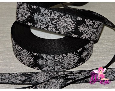 Лента репсовая 25 мм с рисунком "Дамаск" цв. черный/розовый