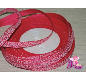  Репсовая лента 10мм,  насыщенного малинового цвета  с рисунком "Белый расписной узор"