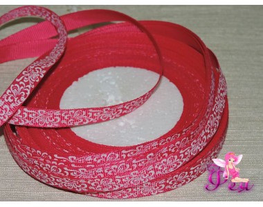 Репсовая лента 10мм,  насыщенного малинового цвета  с рисунком "Белый расписной узор"