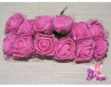 Розочка на веточке с сеточкой, 2.5 см-диаметр, цв.  малиновый (12шт)