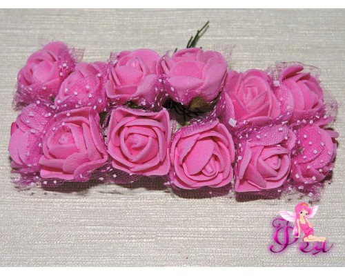 Розочка на веточке с сеточкой, 2.5 см-диаметр, цв.  малиновый (12шт)