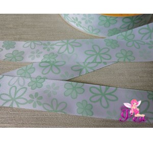 Репсовая лента 25 мм с рисунком "Цветочки", цв. мятный